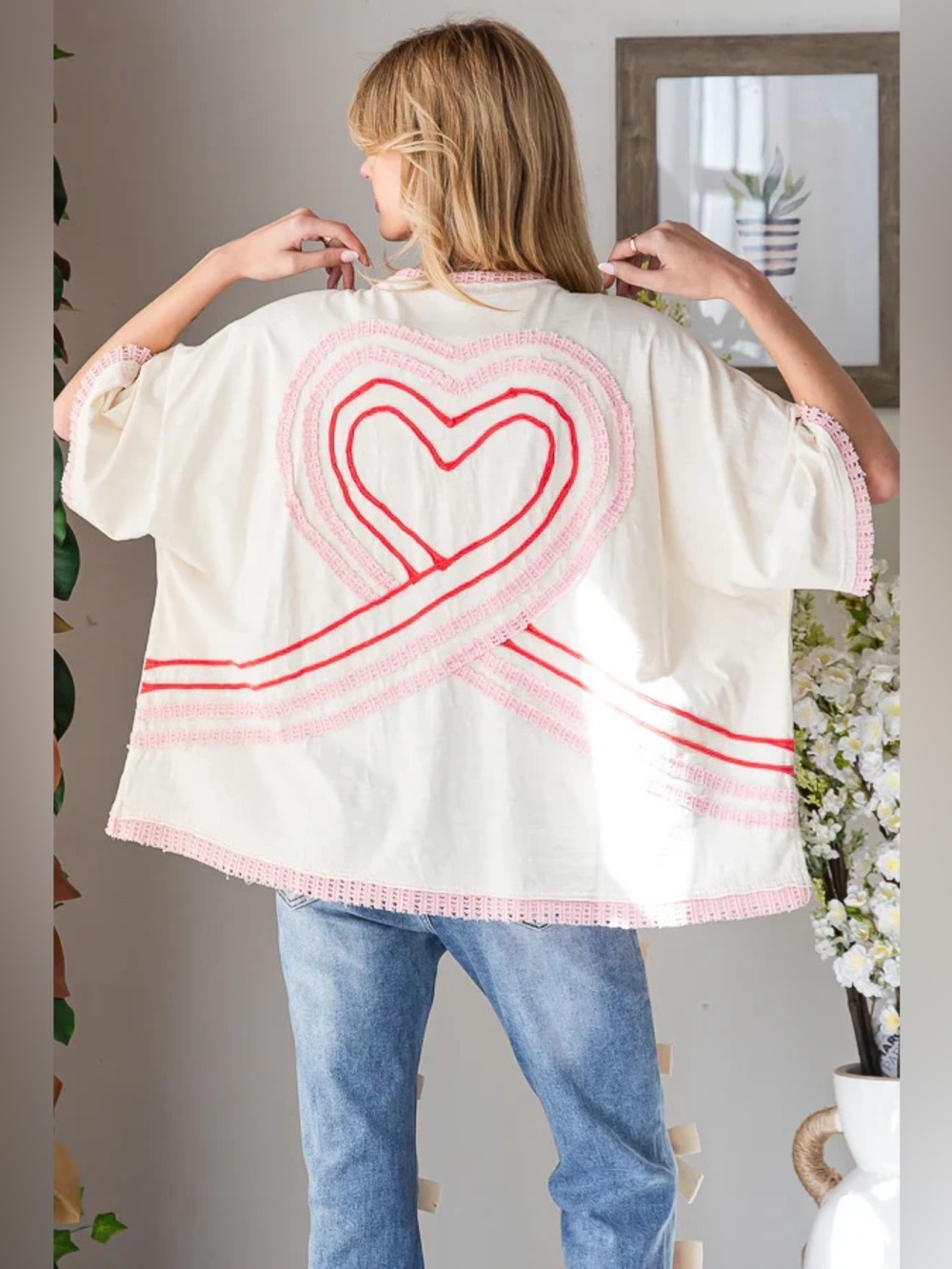 Oli & Hali Washed Connective Hearts V-Neck Top Oversized Bohemian Size XL - Picture 12 of 12